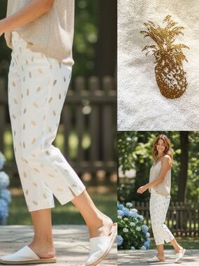 Chico's Brigette Stretch Gold Foil Pineapple Ankle Pants Size 14